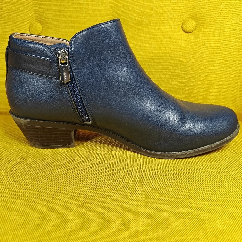 VIONIC Millie Zipper Navy Leather Ankle Comfort Boot Buckle Women's Shoe Sz 9.5